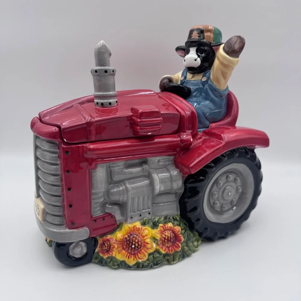 Vintage Cow Driving Red Tractor Ceramic Cookie Jar Farmhouse Decor 3345